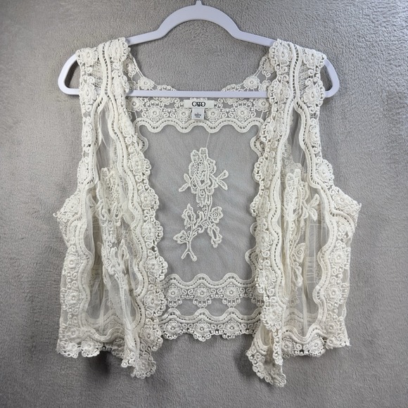 Cato Open Front Lace Vest Women's L (runs small) Boho Western Feminine Ivory - Picture 1 of 7